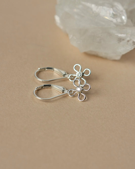 Sterling Silver CZ Flower Lever Back Earrings