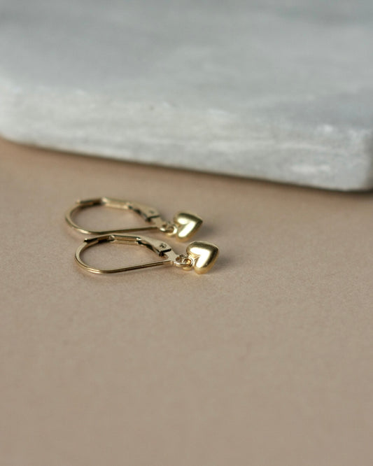 Dainty Gold Heart Lever Back Dangle Earrings