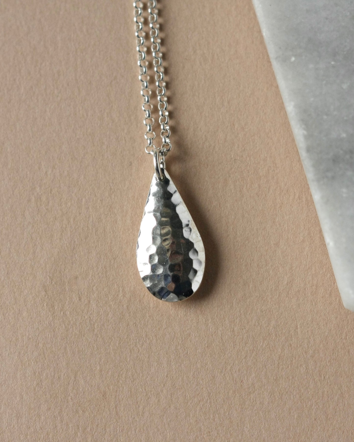 Large Hammered Silver Teardrop Necklace