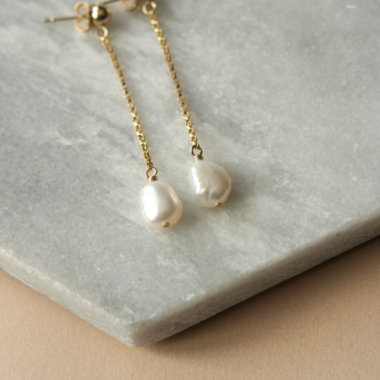 Long Pearl and Gold Chain Earrings