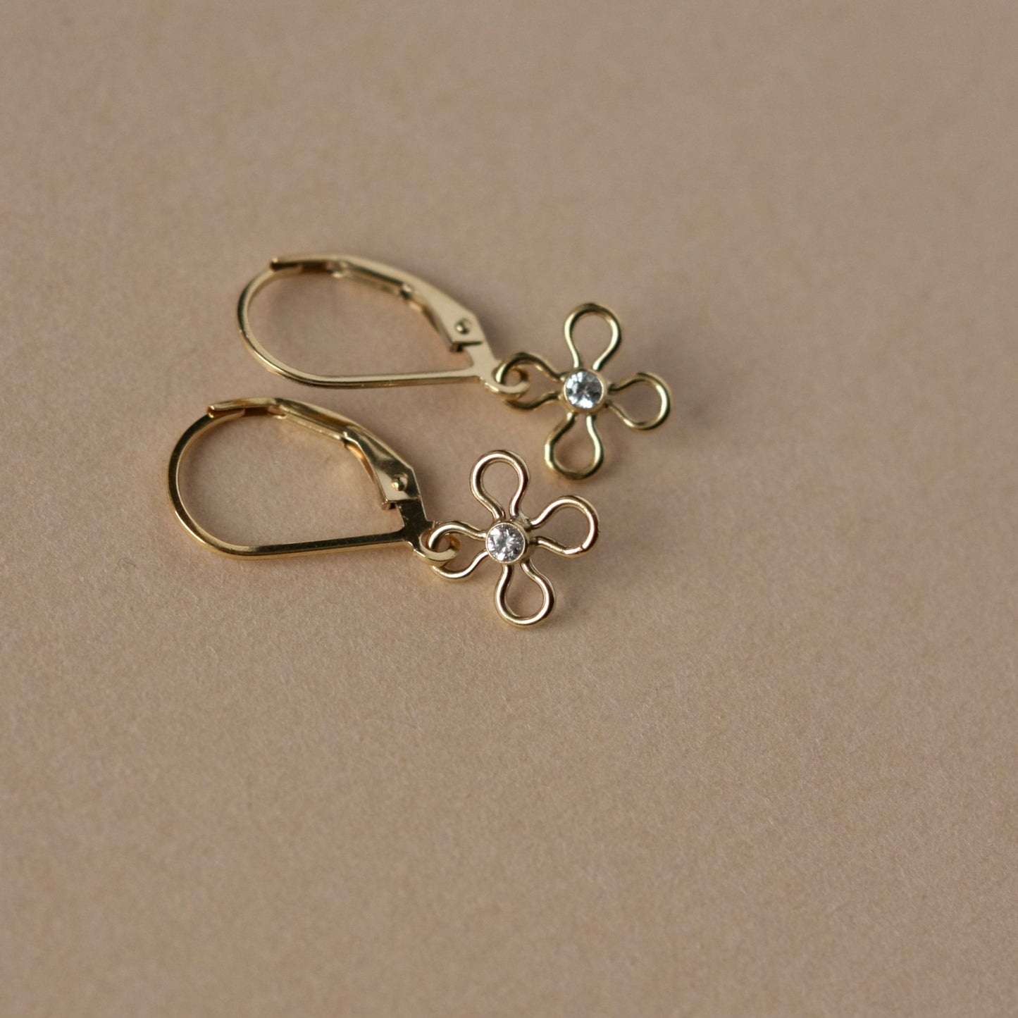 Gold CZ Flower Dangle Earrings