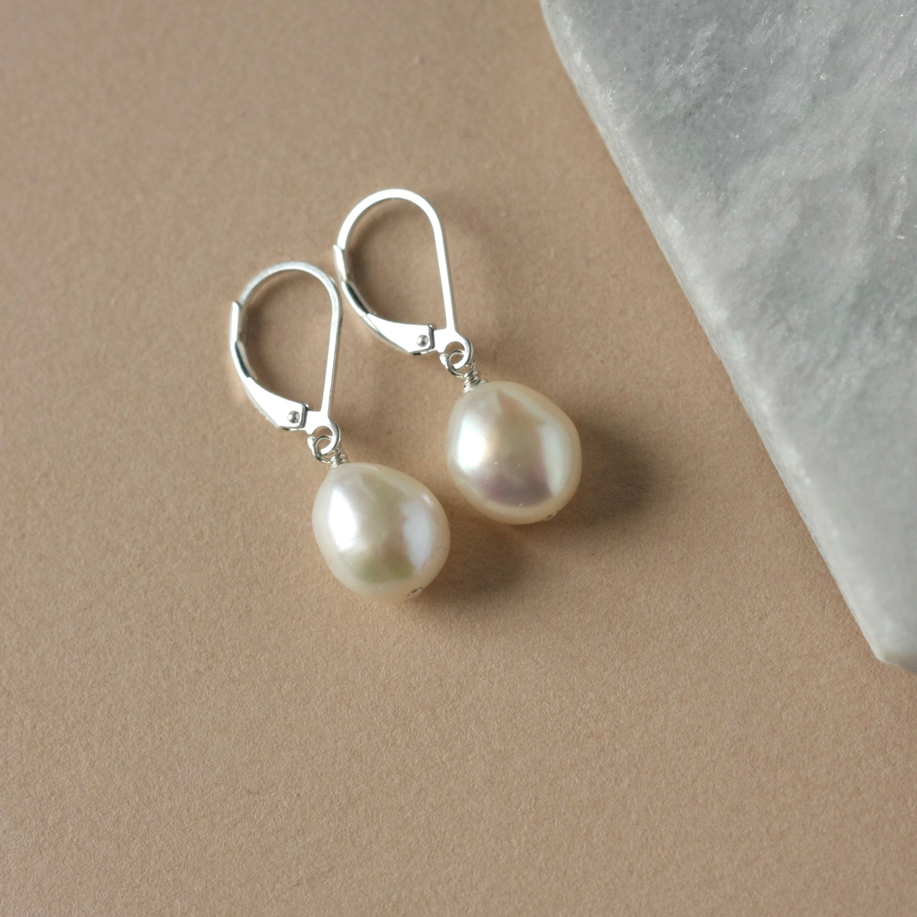 Silver Baroque Pearl Lever Back Earrings