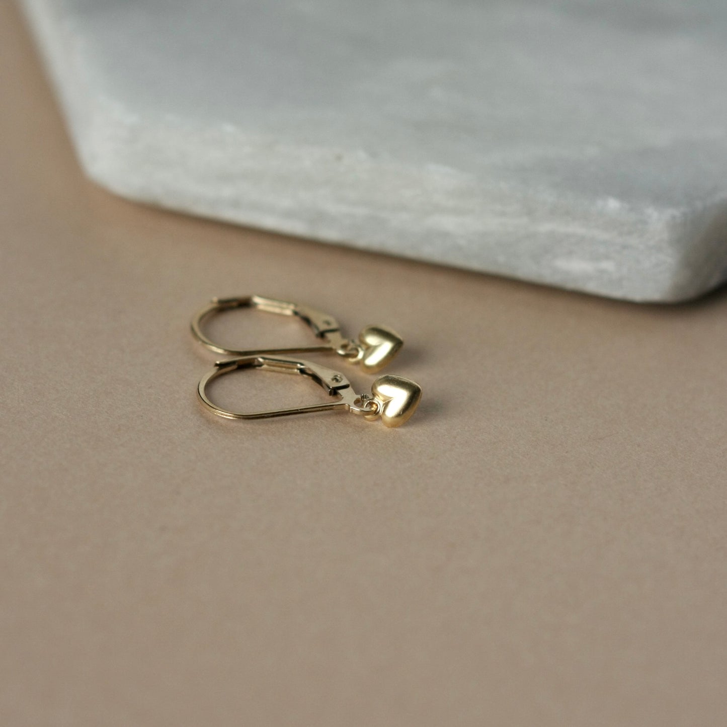 Dainty Gold Heart Lever Back Dangle Earrings