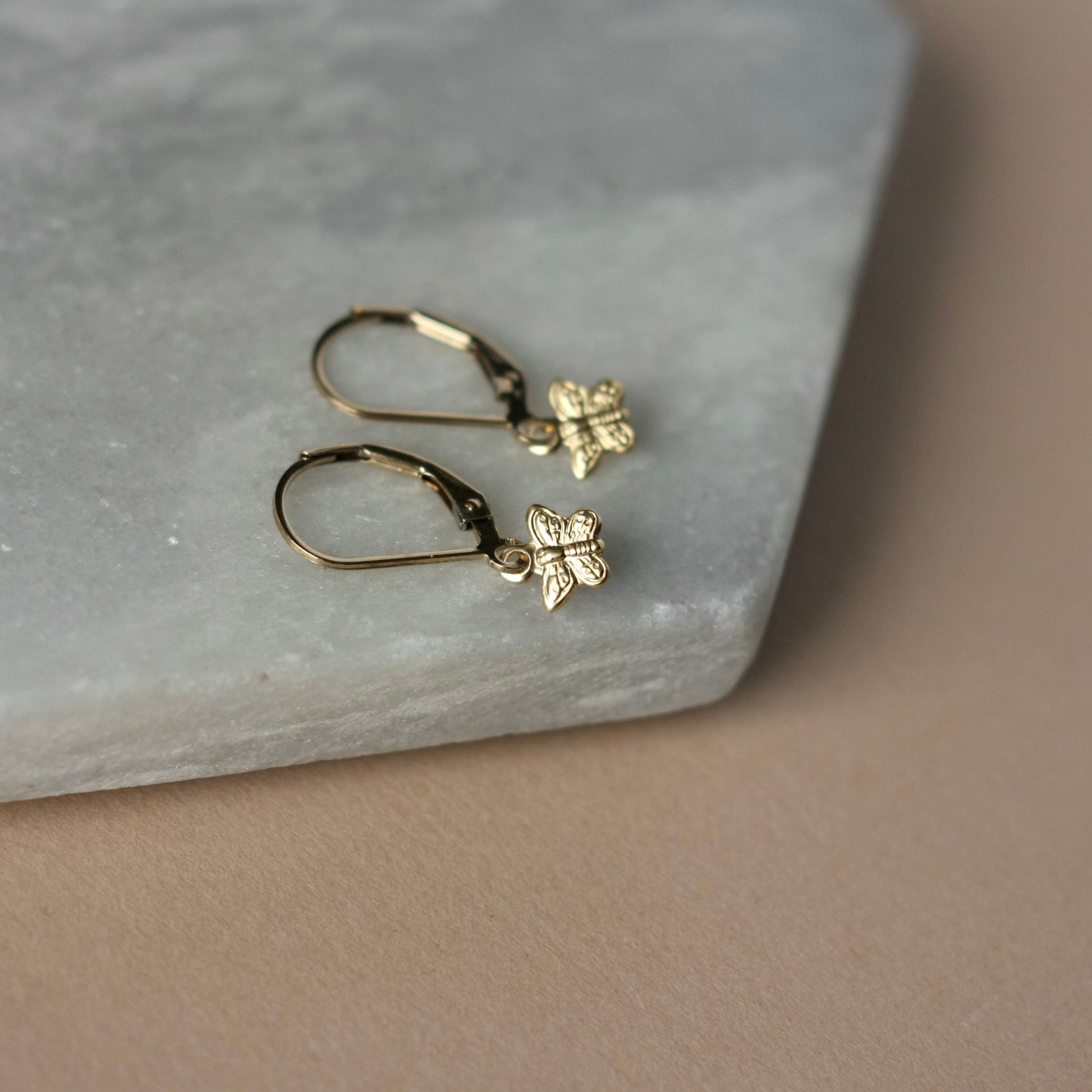 Dainty Gold Butterfly Lever back Earrings