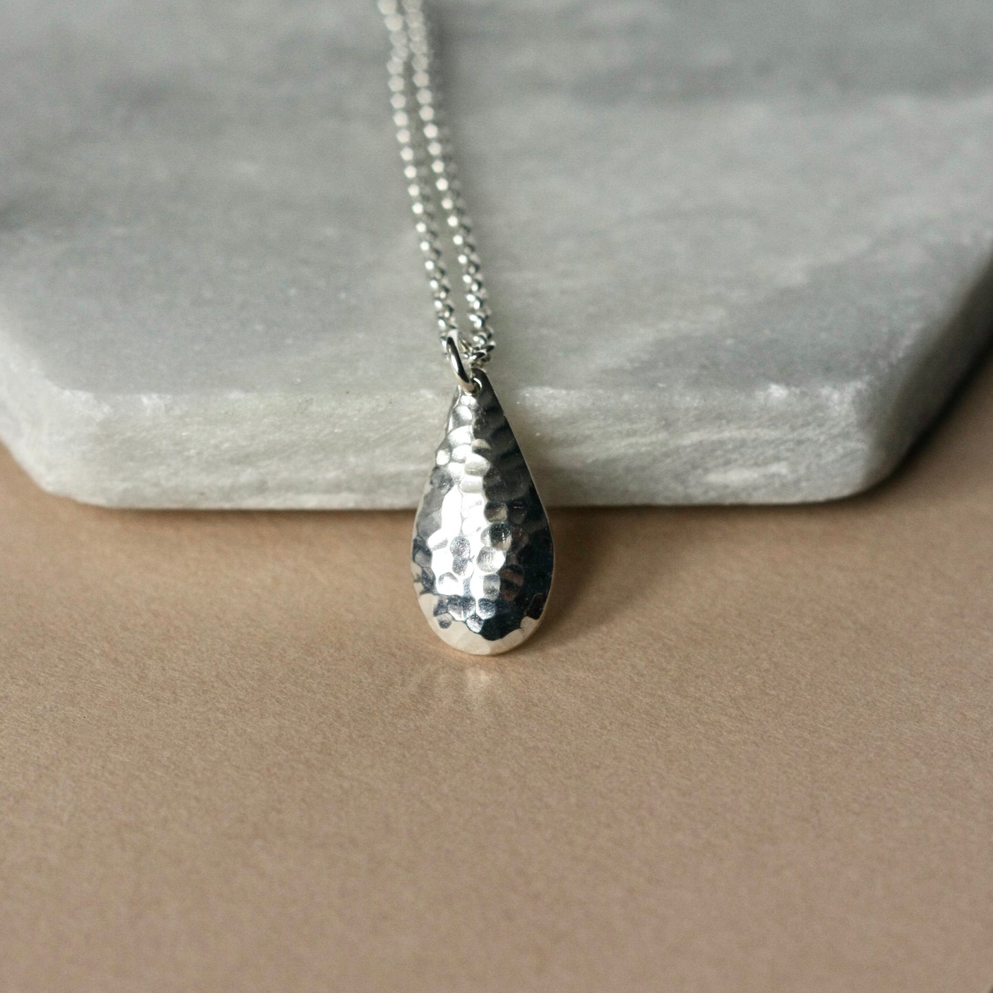 Large Hammered Silver Teardrop Necklace