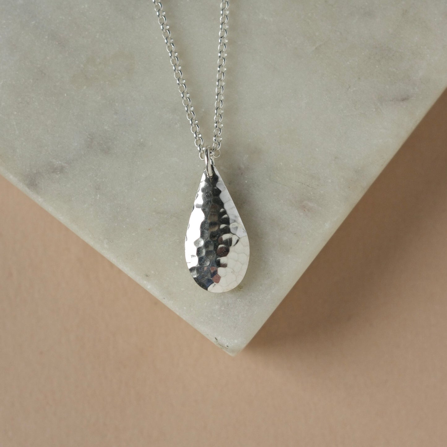 Large Hammered Silver Teardrop Necklace