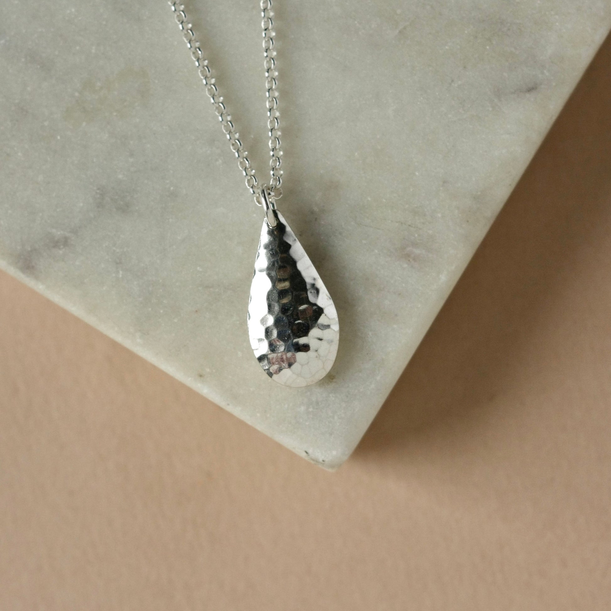 Large Hammered Silver Teardrop Necklace