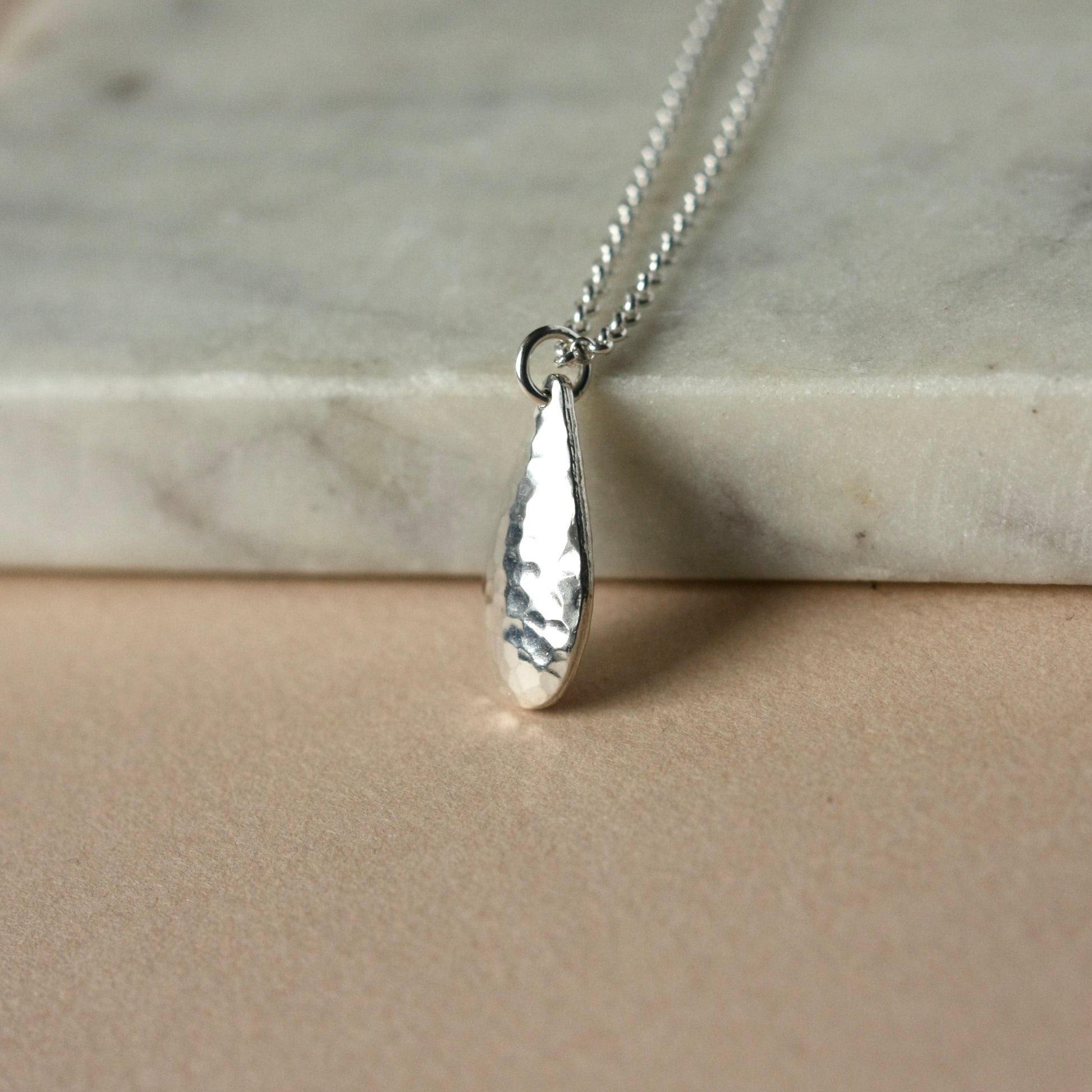 Large Hammered Silver Teardrop Necklace