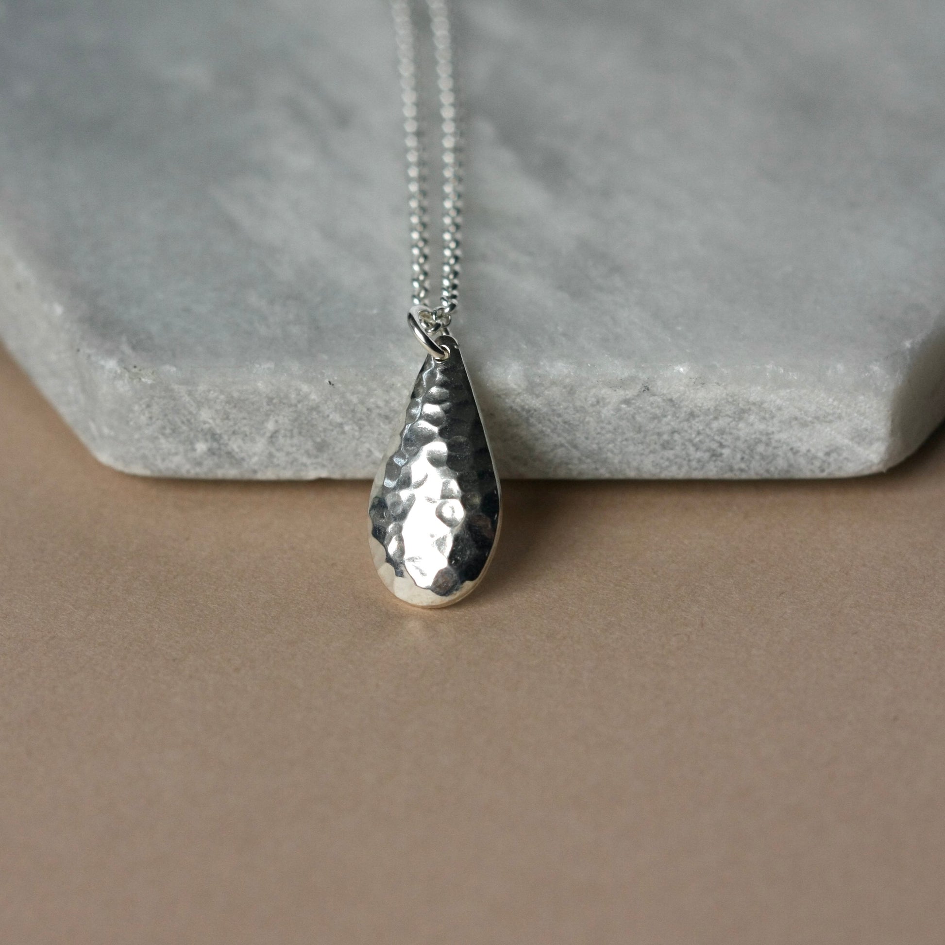 Large Hammered Silver Teardrop Necklace