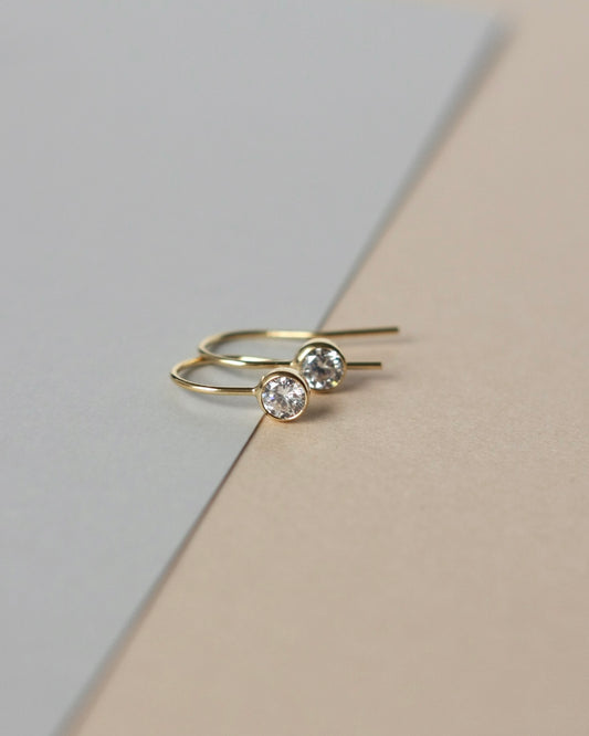 Round Gold CZ Solitaire Drop Earrings