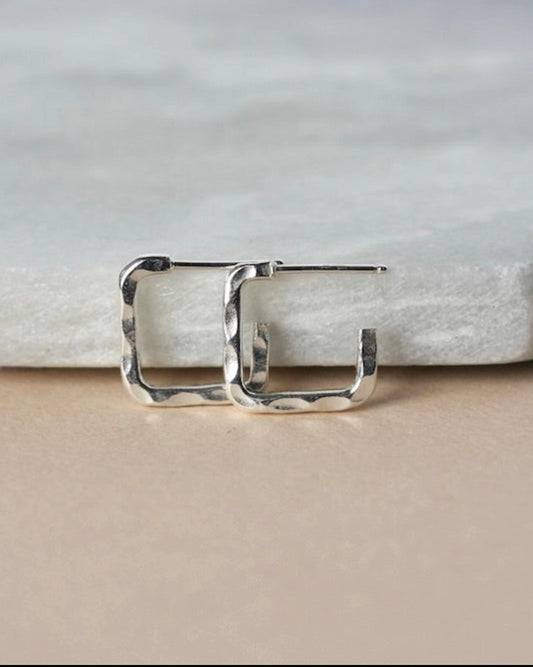 Hammered Sterling Silver Square Hoop Earrings