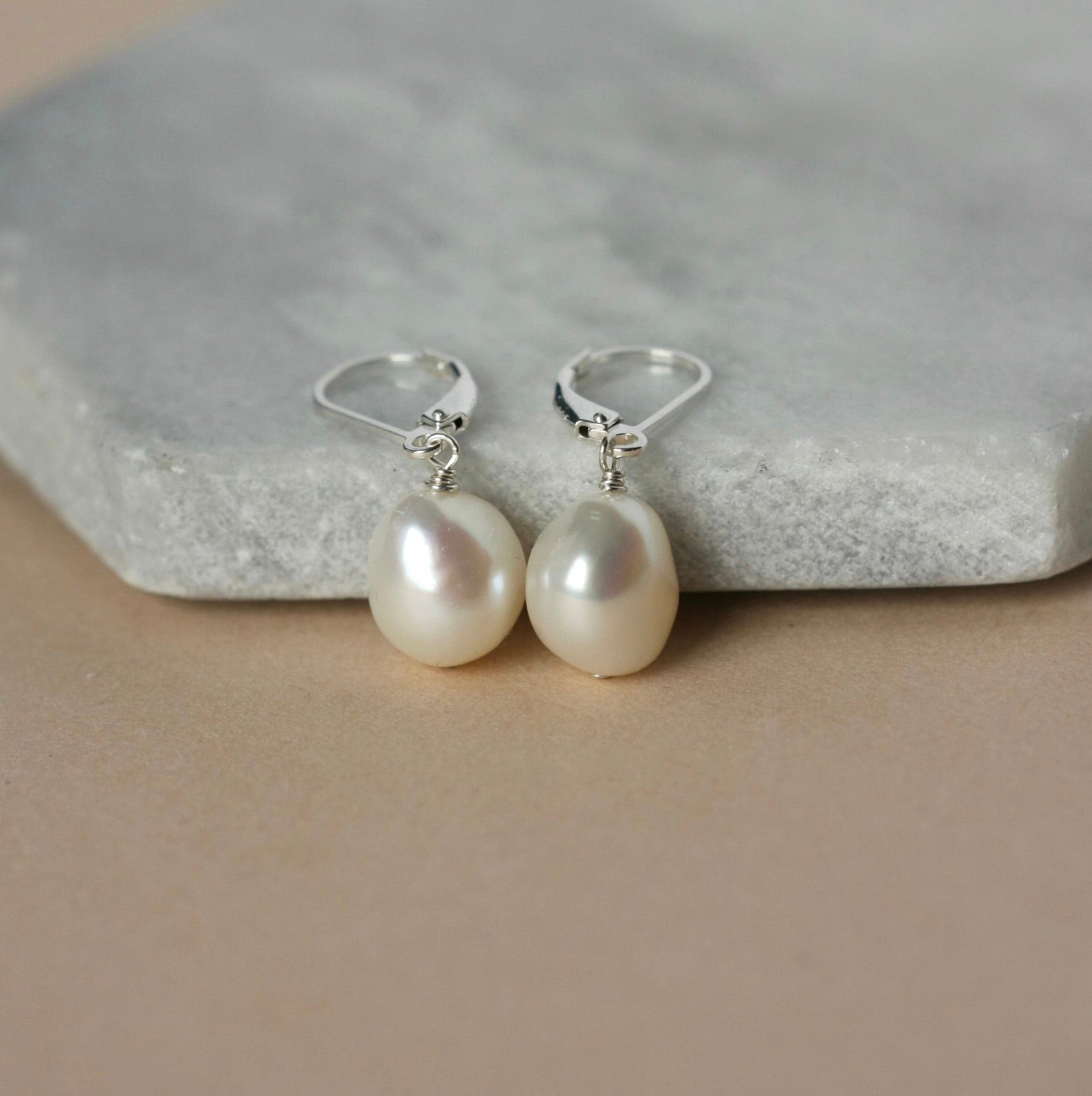 Silver Baroque Pearl Lever Back Earrings